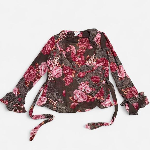 VTG 90s Lew Magram Dark Brown Sheer Mesh & Pink Floral Polka Dot Wrap Top - Picture 6 of 8